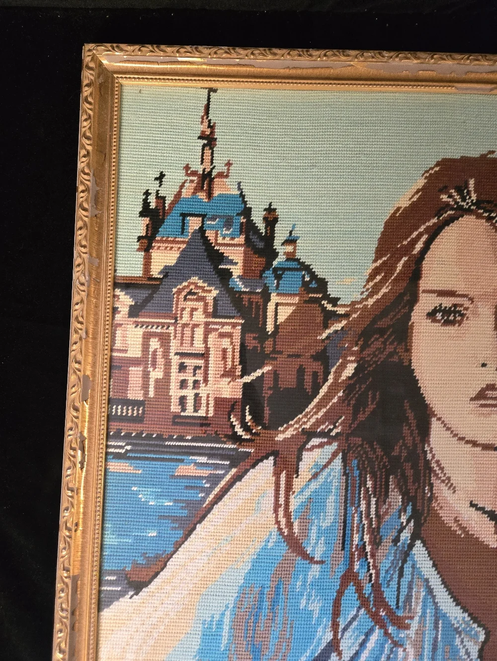 Vintage Needlepoint Portrait Framed Art Romantic Estate Scene - Picture 4 of 7